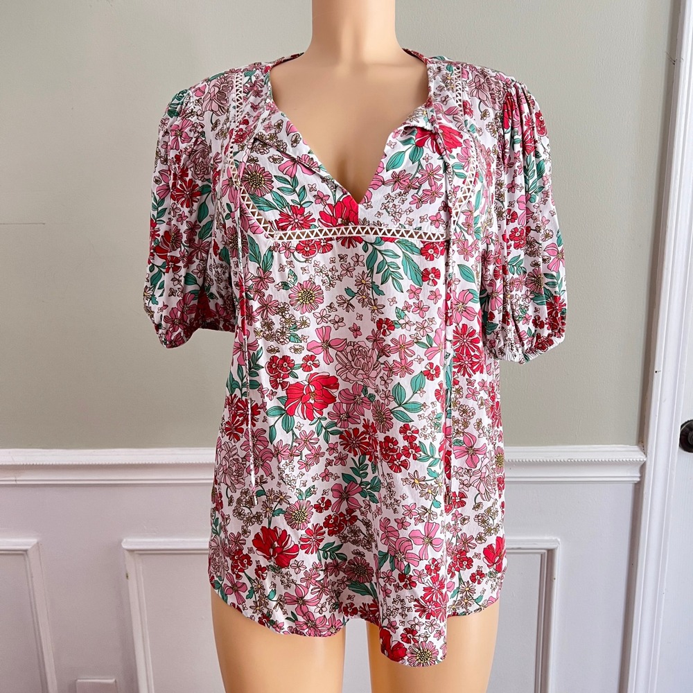 Tommy Hilfiger Floral Peasant Blouse Womens XL Short Puff Sleeve Pink Boho Top